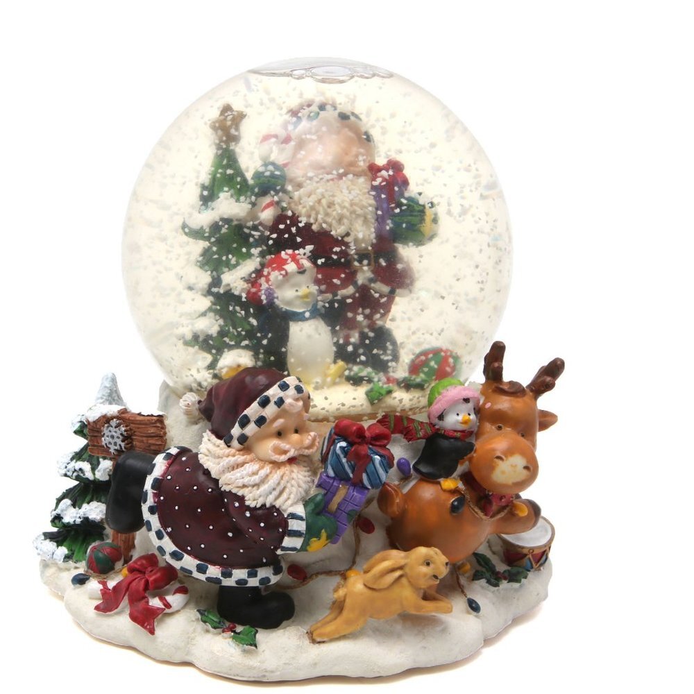 Vintage Santa Christmas Globe Holiday Jingle Bells Glitter Musical Resin Red